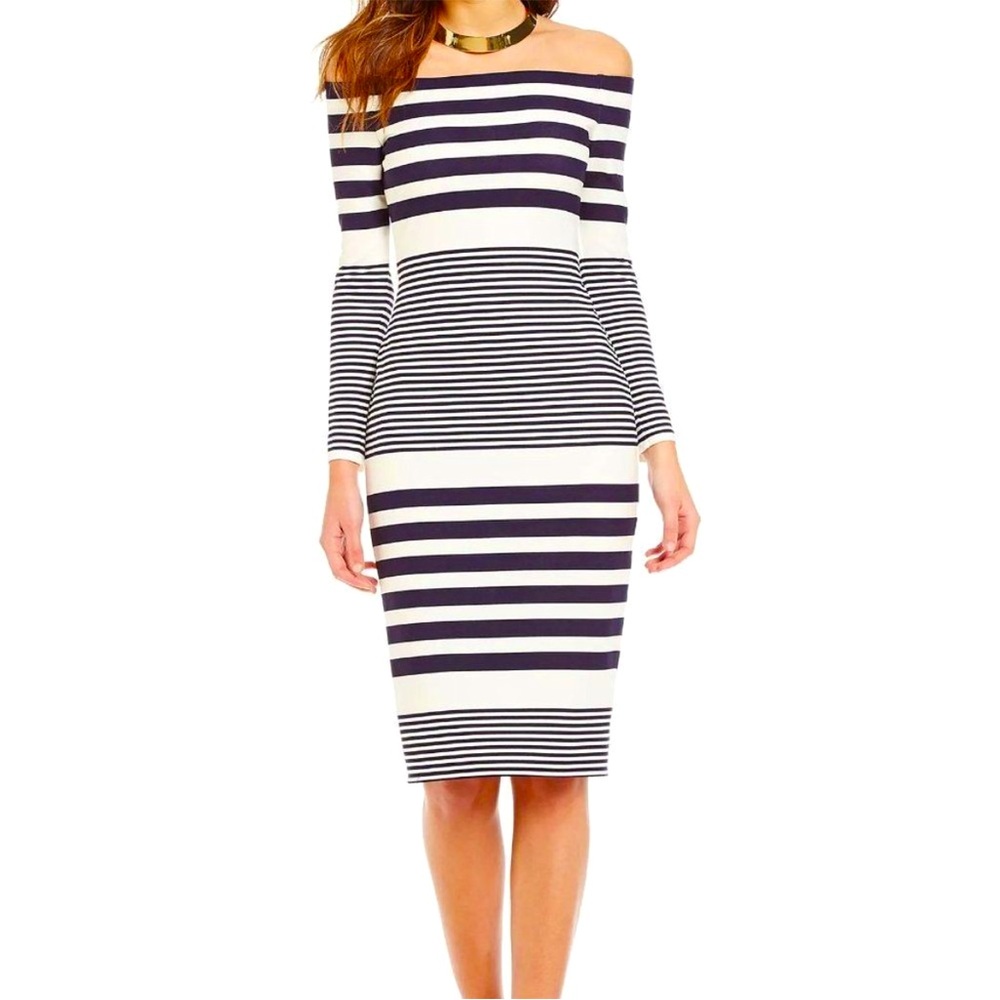 Eliza J Navy White Striped Off the Shoulder Long Sleeve Sheath Midi Dress Size 4